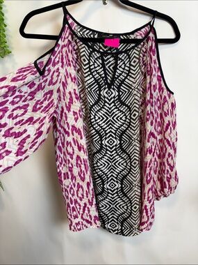 Apt. 9 Pink and Black Cold-Shoulder Mixed Print Blouse